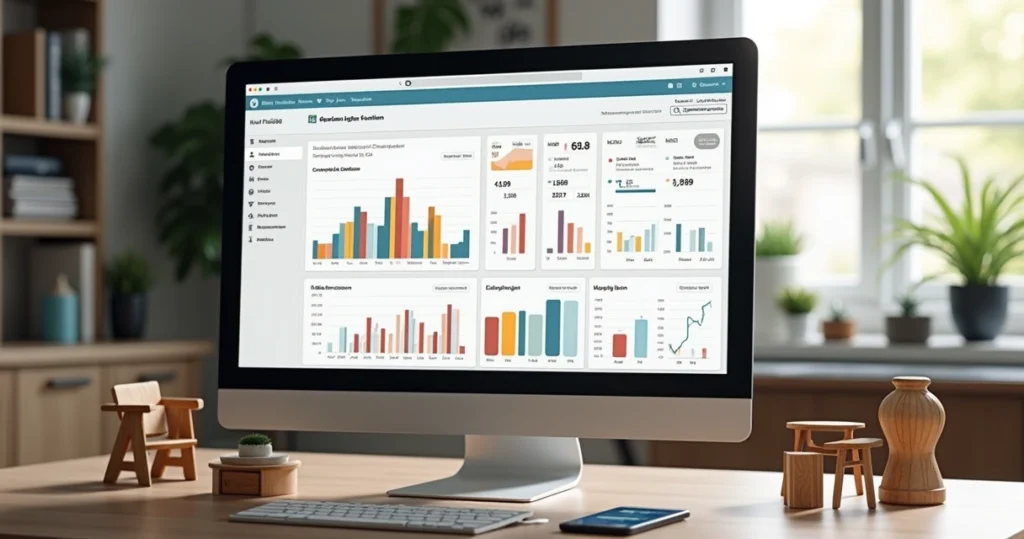 Computer screen showing detailed marketing automation dashboard with furniture e-commerce data