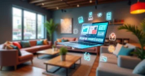 Modern furniture store with digital marketing icons and online sales graphics