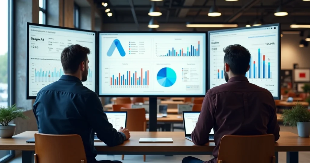 Digital marketing team analyzing data on screens with industrial furniture background