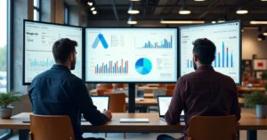 Digital marketing team analyzing data on screens with industrial furniture background