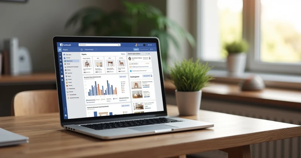 Close-up of a laptop screen displaying Facebook Ads Manager dashboard with furniture ad campaign analytics and charts