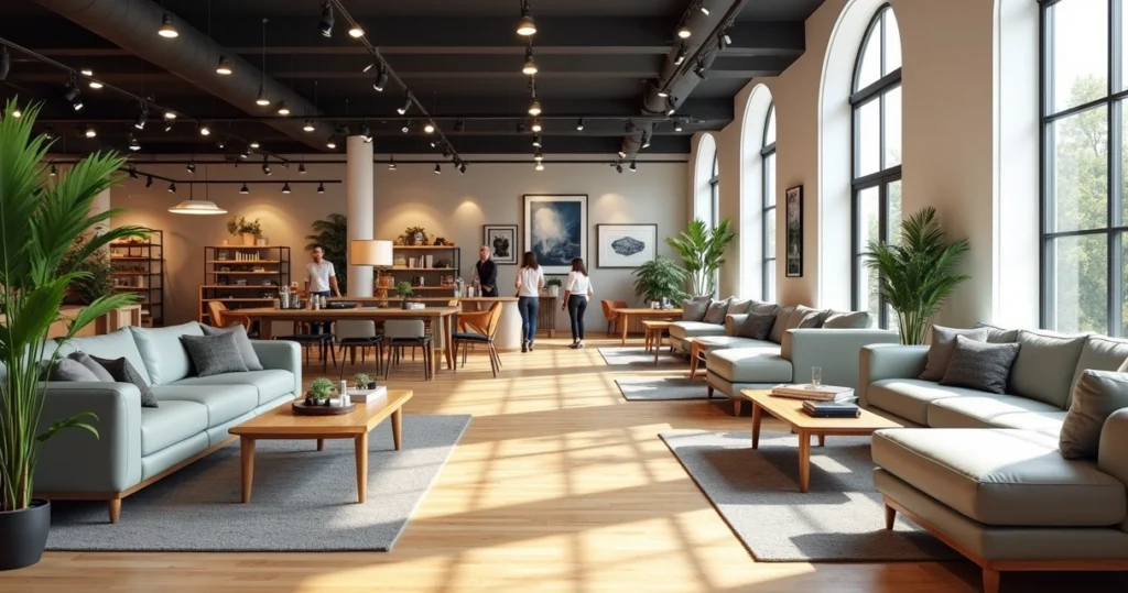 Modern furniture store with neatly arranged sofas, tables, and chairs under bright lighting