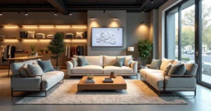 Modern living room furniture set displayed in a spacious store with bright lighting and clean design