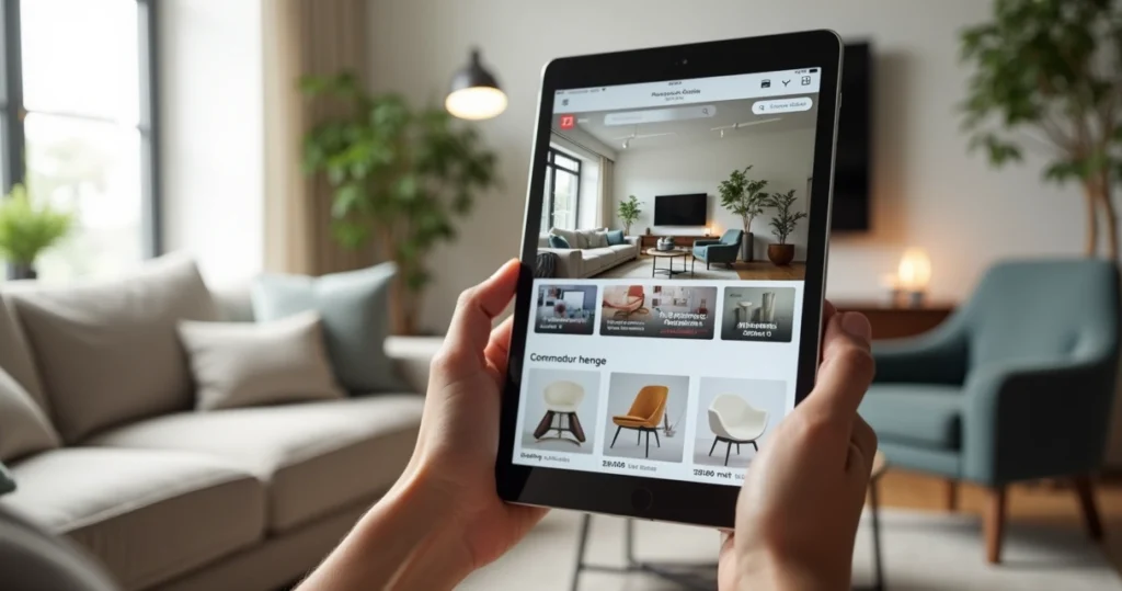 Modern living room setup with stylish furniture displayed on a digital tablet screen