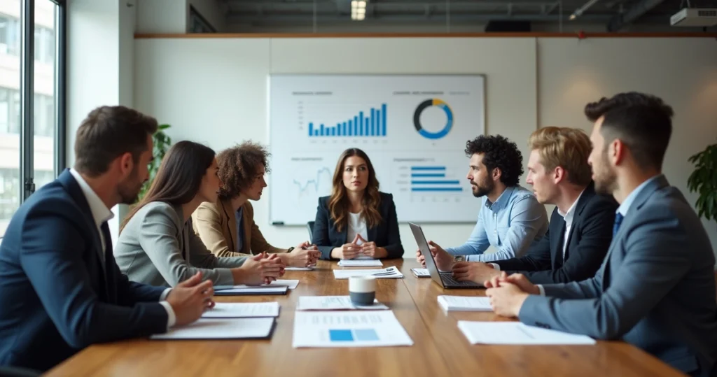 Business team discussing errors during agency contract meeting in a modern office