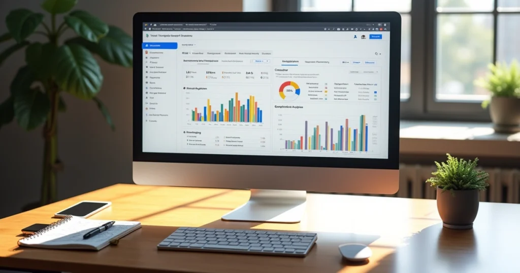 Computer screen showing Google Ads campaign dashboard with performance graphs and segmented audience data