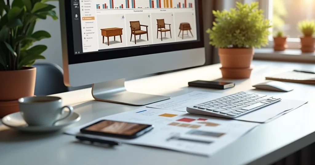 Workspace showing computer screen with digital marketing analytics for custom furniture sales, modern desk with furniture design sketches and smartphone