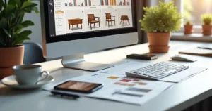 Workspace showing computer screen with digital marketing analytics for custom furniture sales, modern desk with furniture design sketches and smartphone