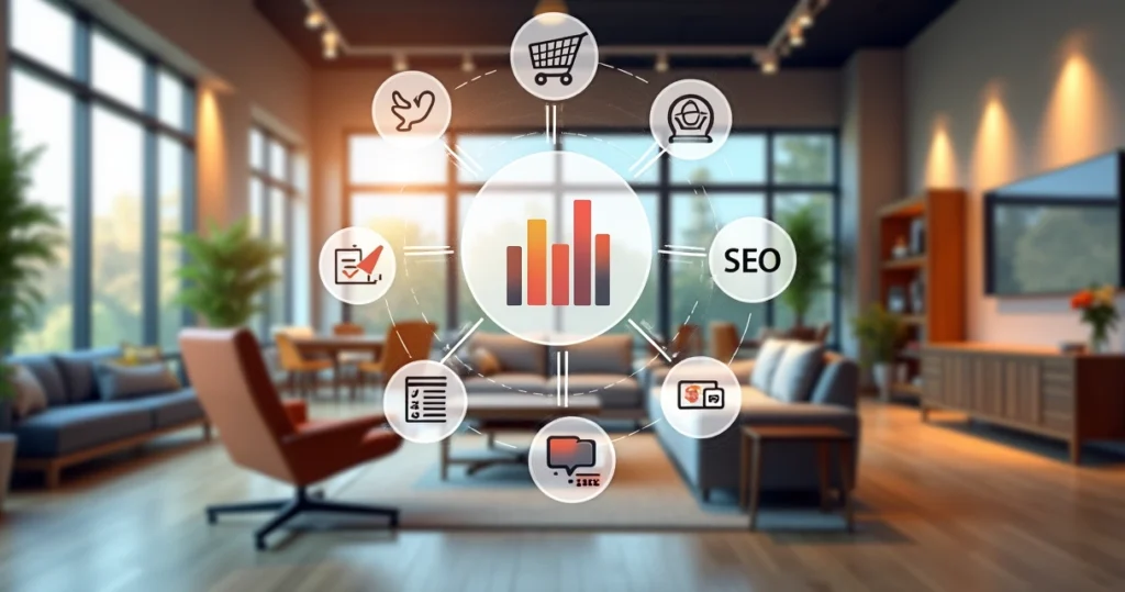 Modern furniture store interior with digital marketing icons overlay