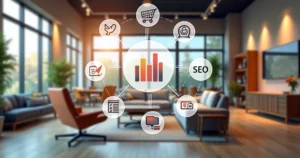 Modern furniture store interior with digital marketing icons overlay