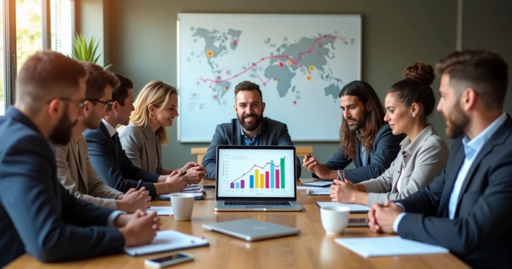 Business professionals collaborating on digital marketing strategy with laptop and charts