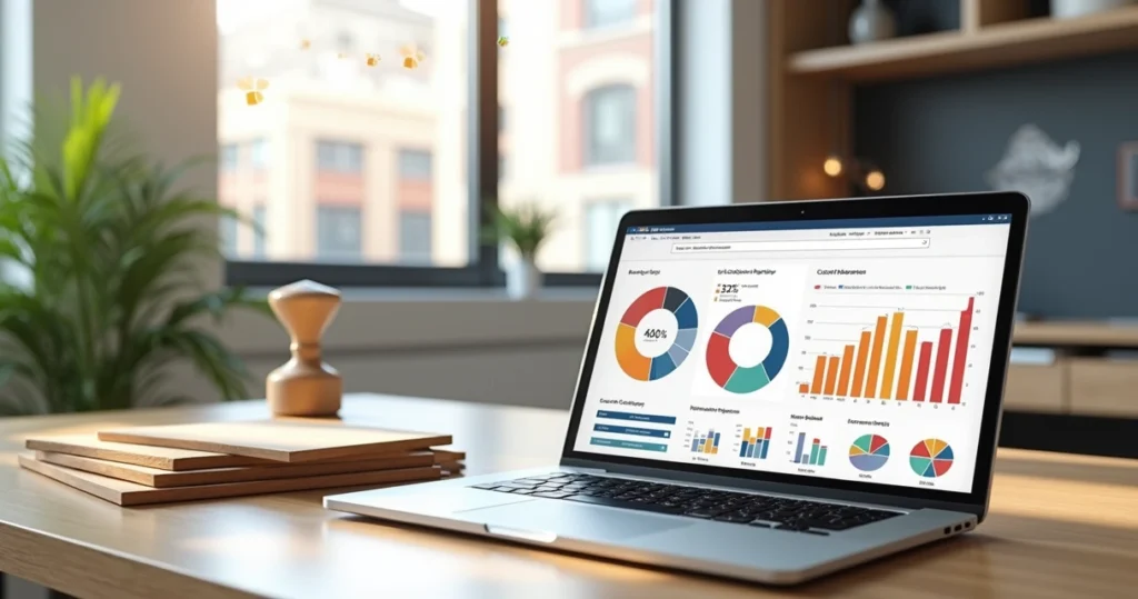 Workspace with laptop showing marketing charts next to wooden planned furniture and digital marketing icons