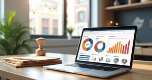 Workspace with laptop showing marketing charts next to wooden planned furniture and digital marketing icons