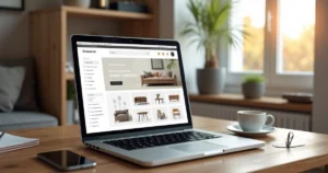 Modern laptop displaying an e-commerce platform for furniture with digital sales charts and furniture products on screen