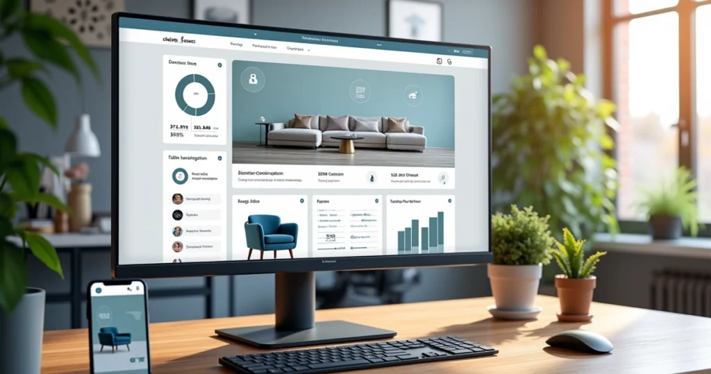 Detailed screen showing a furniture e-commerce platform dashboard with product images and sales data