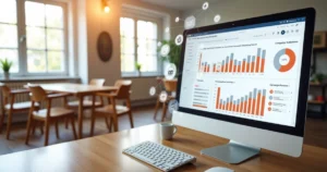 Computer screen displaying marketing automation dashboard with furniture e-commerce charts and graphs