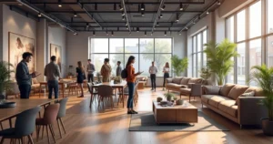 Modern furniture store with customers exploring sofas and tables under warm lighting
