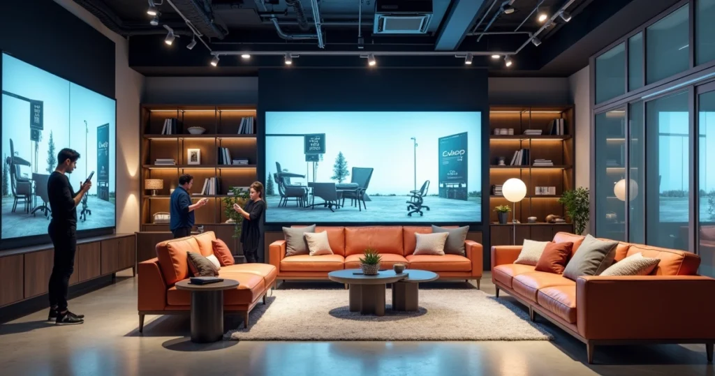 Modern furniture store interior with digital screens showing online promotions and customers interacting with mobile devices