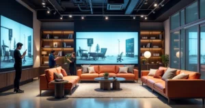 Modern furniture store interior with digital screens showing online promotions and customers interacting with mobile devices