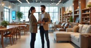 Modern furniture store showroom with customer and salesperson discussing sofas and tables