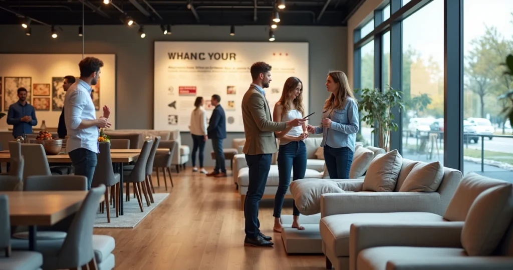 Modern furniture showroom with customers interacting and salesperson assisting