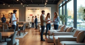 Modern furniture showroom with customers interacting and salesperson assisting