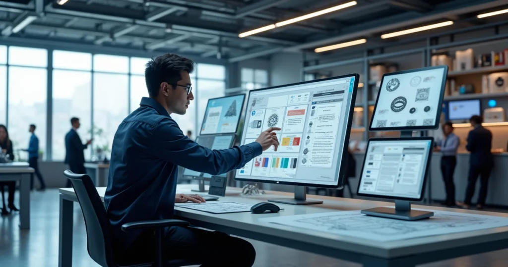 Modern industrial designer working on branding concepts with digital tools in a bright office