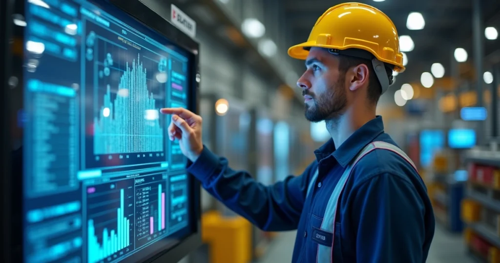 Industrial worker using touchscreen with e-commerce data overlays in a modern factory setting