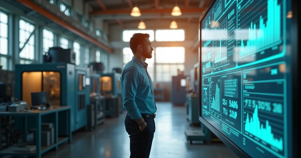 Industrial workspace with digital marketing analytics on transparent screens around a professional analyzing data
