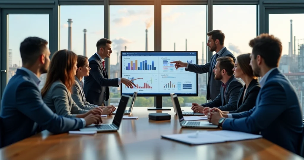 Team of professionals discussing marketing strategy in a modern industrial office setting