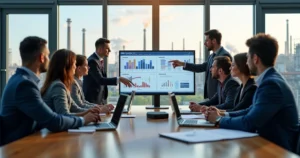 Team of professionals discussing marketing strategy in a modern industrial office setting