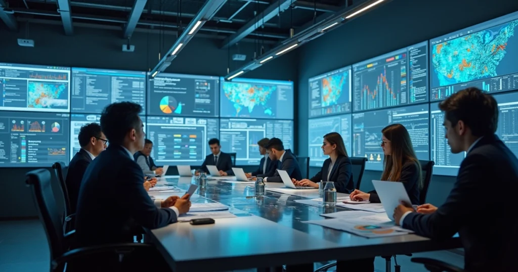 Team of marketing professionals analyzing industrial strategy charts in modern office