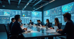 Team of marketing professionals analyzing industrial strategy charts in modern office