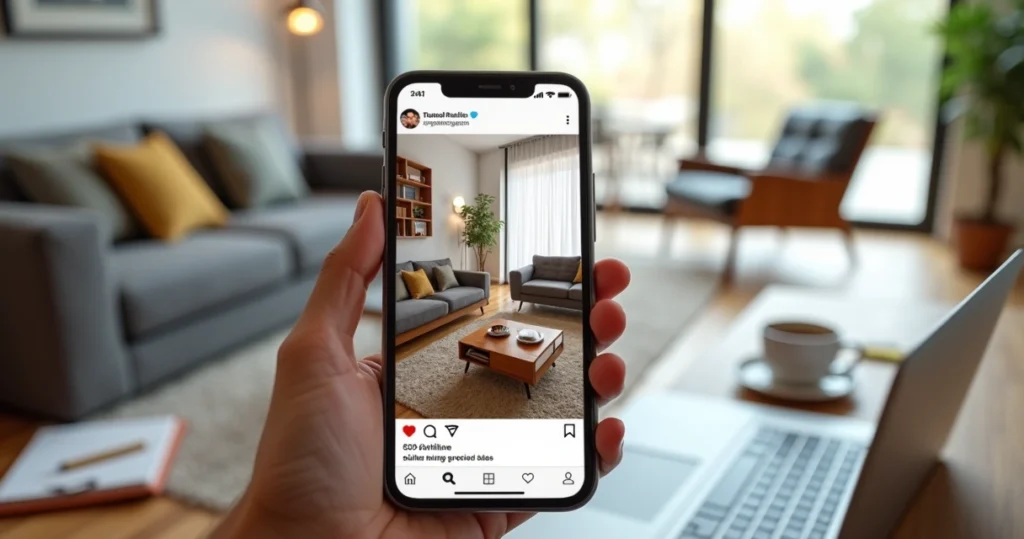 Smartphone displaying Instagram ad for modern wooden furniture in a bright contemporary living room setting