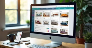 Computer screen showing marketing automation dashboard with charts and furniture product images
