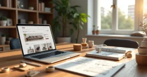 Workspace showing a person planning an online furniture store with laptop, tablet displaying furniture catalog, sketchbook, and decorative wooden furniture pieces on the table