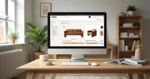 Modern wooden furniture displayed in an elegant e-commerce online store interface on a computer screen