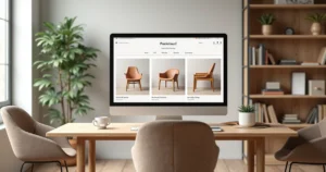 Workspace with computer displaying a furniture e-commerce site, modern chairs and shelves around