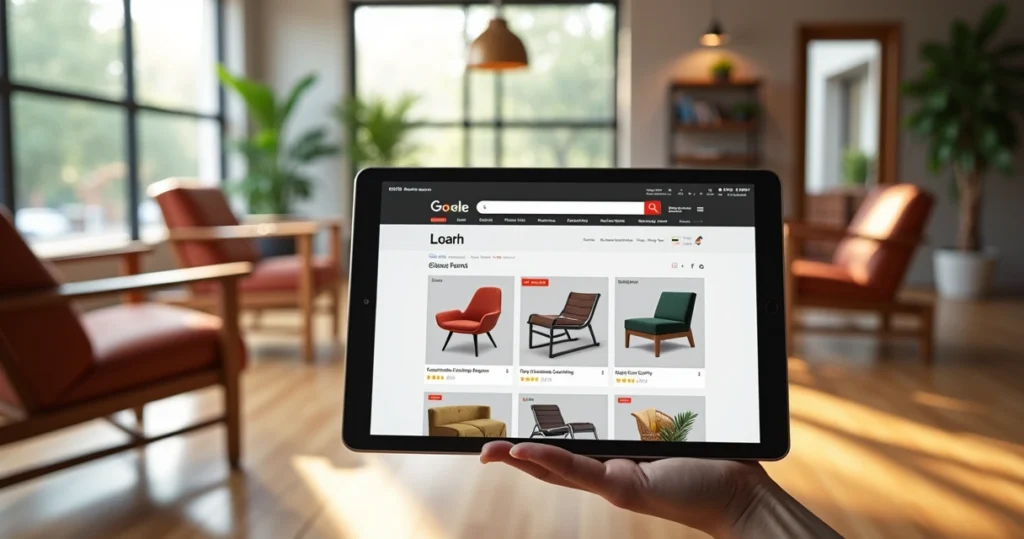 Modern furniture showroom with digital shopping interface on tablet showing online store