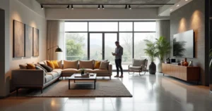 Customer browsing modern furniture with salesperson in a bright, spacious showroom