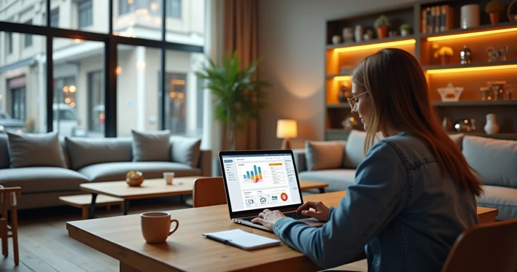 Modern furniture store interior with a person analyzing digital marketing data on a laptop