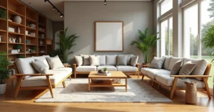 Interior of a modern furniture store with wooden sofas and tables arranged neatly under bright natural lighting, showing a welcoming and stylish shopping environment