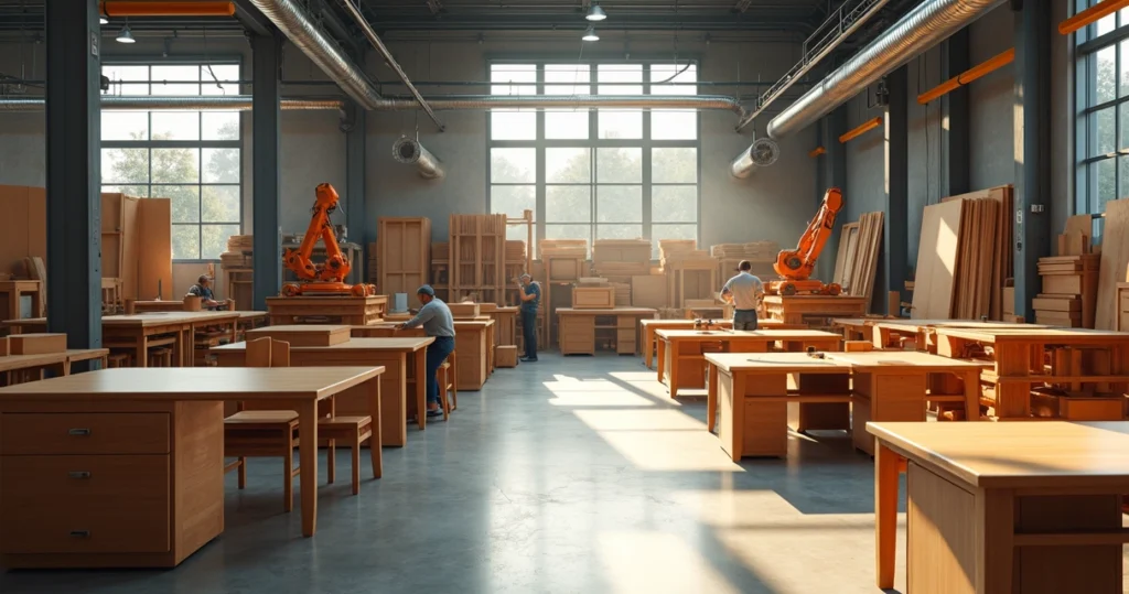 Interior of a modern wooden furniture factory with machinery and workers assembling chairs