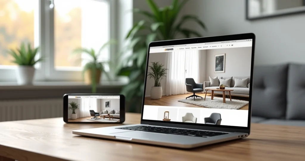 Modern home office furniture displayed on an e-commerce website on a laptop screen with a smartphone showing augmented reality view of the same furniture in a room