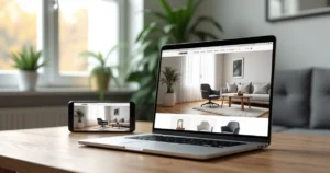 Modern home office furniture displayed on an e-commerce website on a laptop screen with a smartphone showing augmented reality view of the same furniture in a room