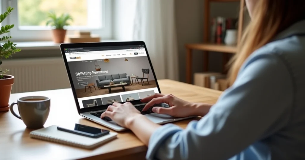 Person using laptop with modern furniture website displayed, showing couches and tables with clear images and descriptions