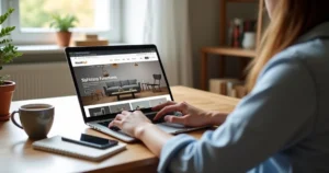 Person using laptop with modern furniture website displayed, showing couches and tables with clear images and descriptions