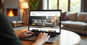 Person browsing an e-commerce furniture website on a laptop with a modern living room setup in the background
