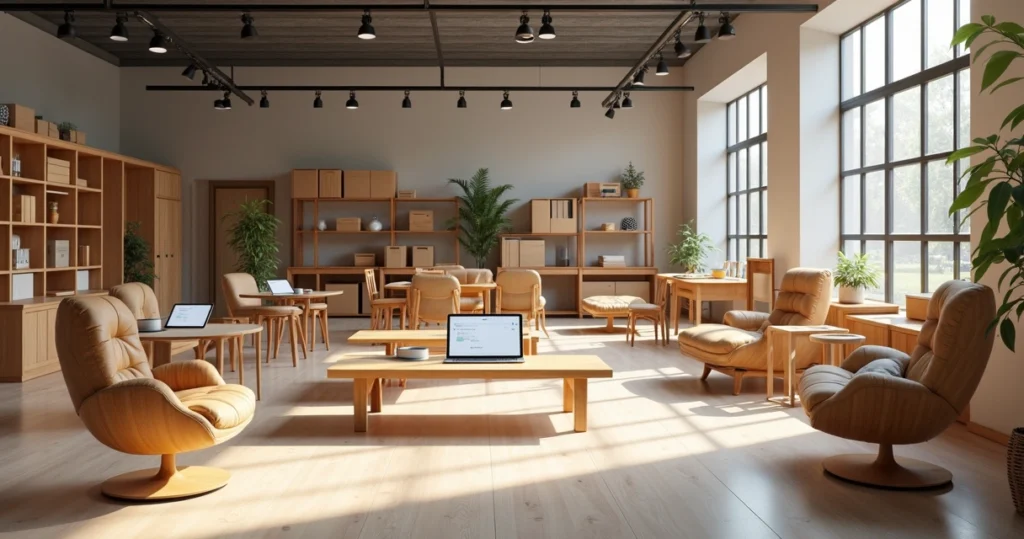 Wooden furniture displayed in a modern e-commerce showroom with digital tablets and shipping boxes