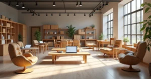 Wooden furniture displayed in a modern e-commerce showroom with digital tablets and shipping boxes